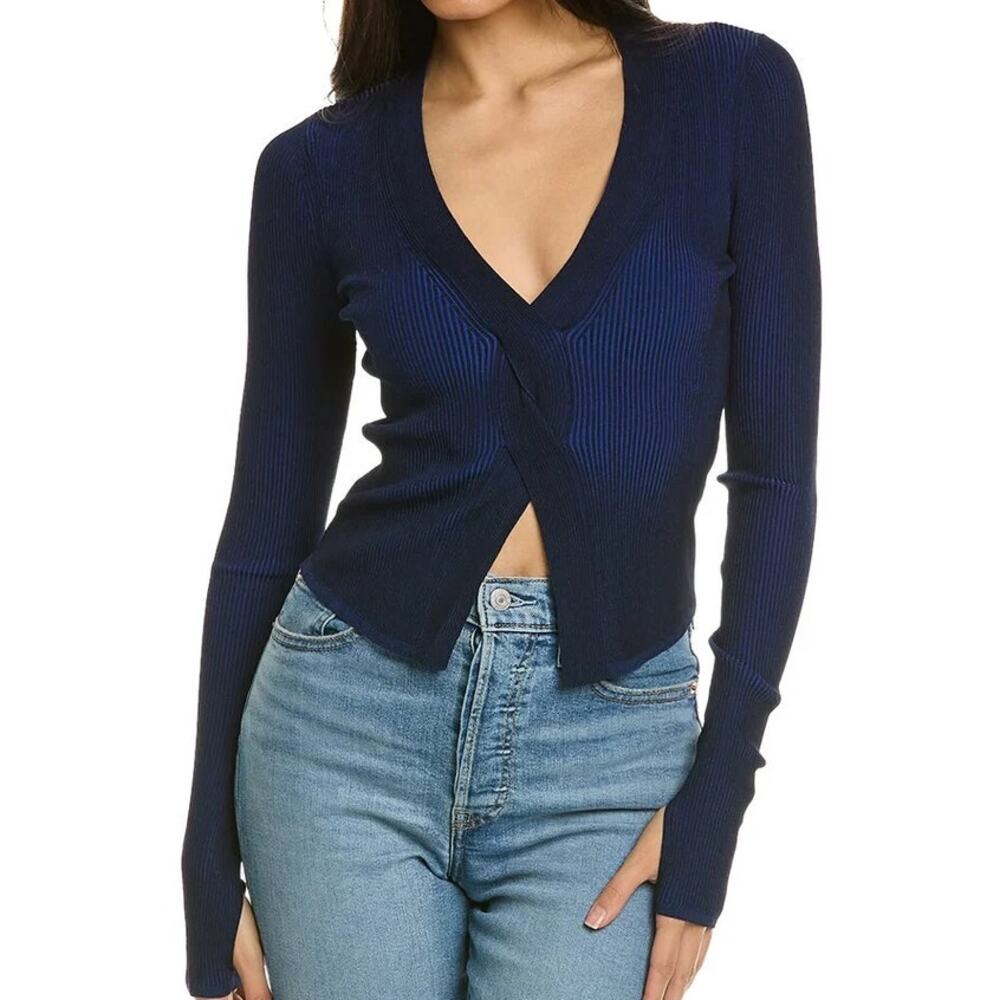 Alix NYC‎ Inez Twist Top Navy Blue Ribbed Long Sleeve Stretch V-Neck Sz XS
